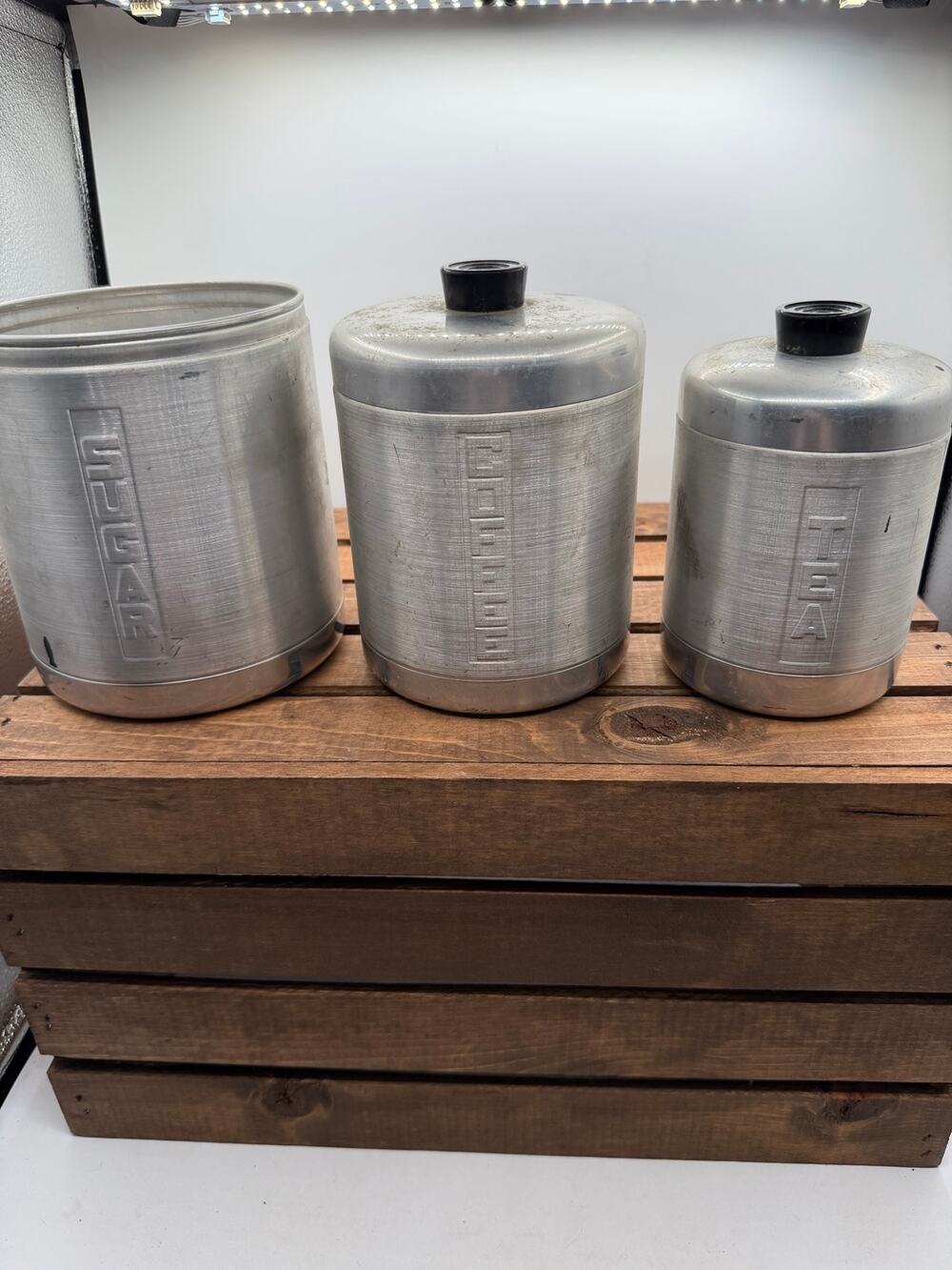 Vintage MCM Spun Aluminum Kitchen Canister Set-Sugar Coffee Tea-Black Lids 1950s